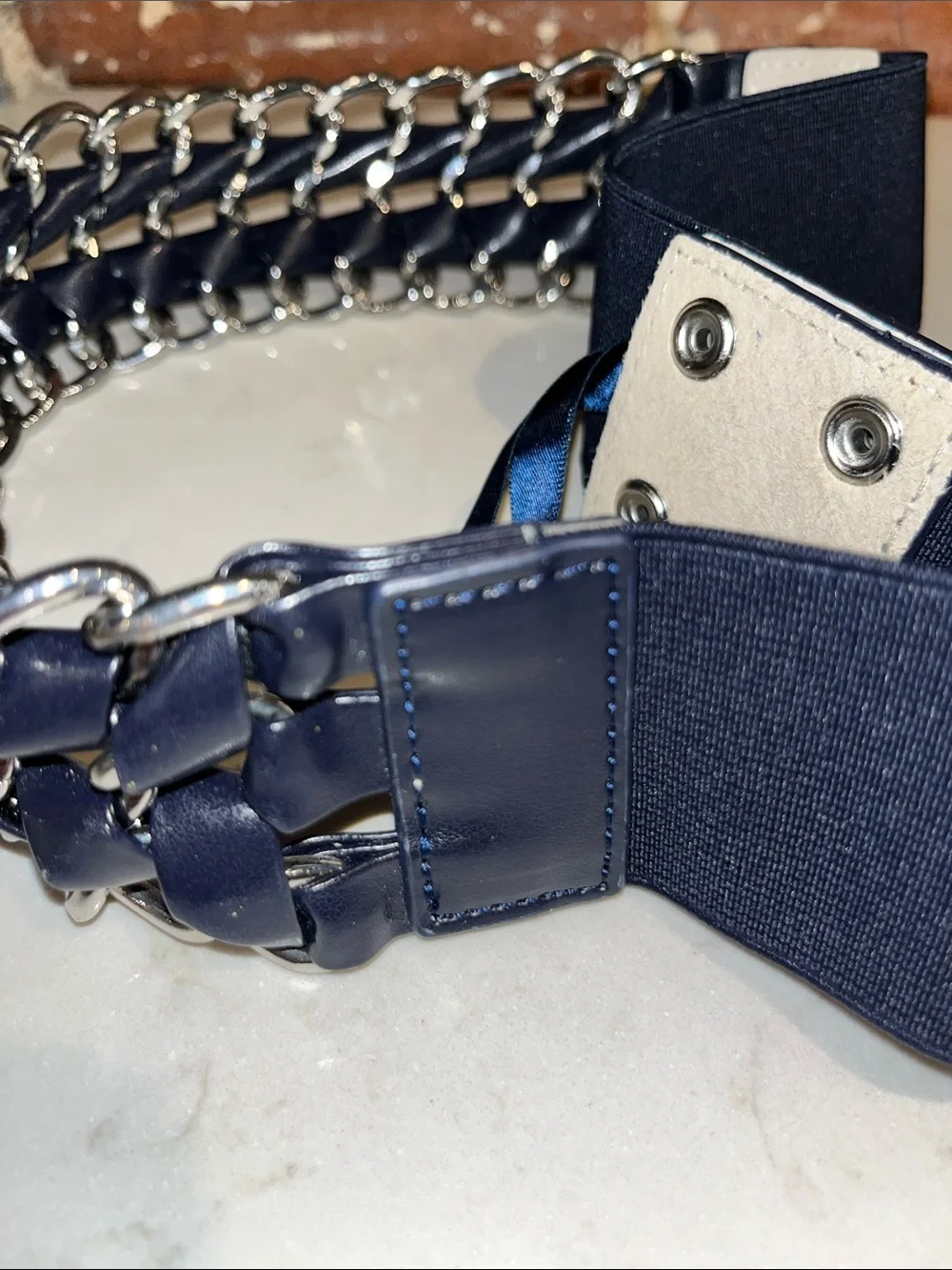 Women’s Navy Elastic Chain-Accent Belt